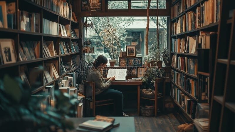Leserin zwischen dicht gefüllten Bücherregalen in einer ruhigen Buchhandlung