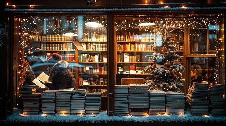 Verschneite Buchhandlung mit Lichterketten, Büchern und lesender Person am Abend